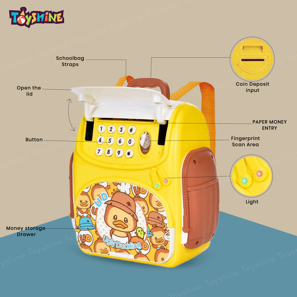 Toyshine School Bag Design Musical Finger Print Sensor Money Safe Piggy Bank ATM for Kids with Password Operation | Money Saving Box Birthday Gift for Boys Girls 3+, Yellow