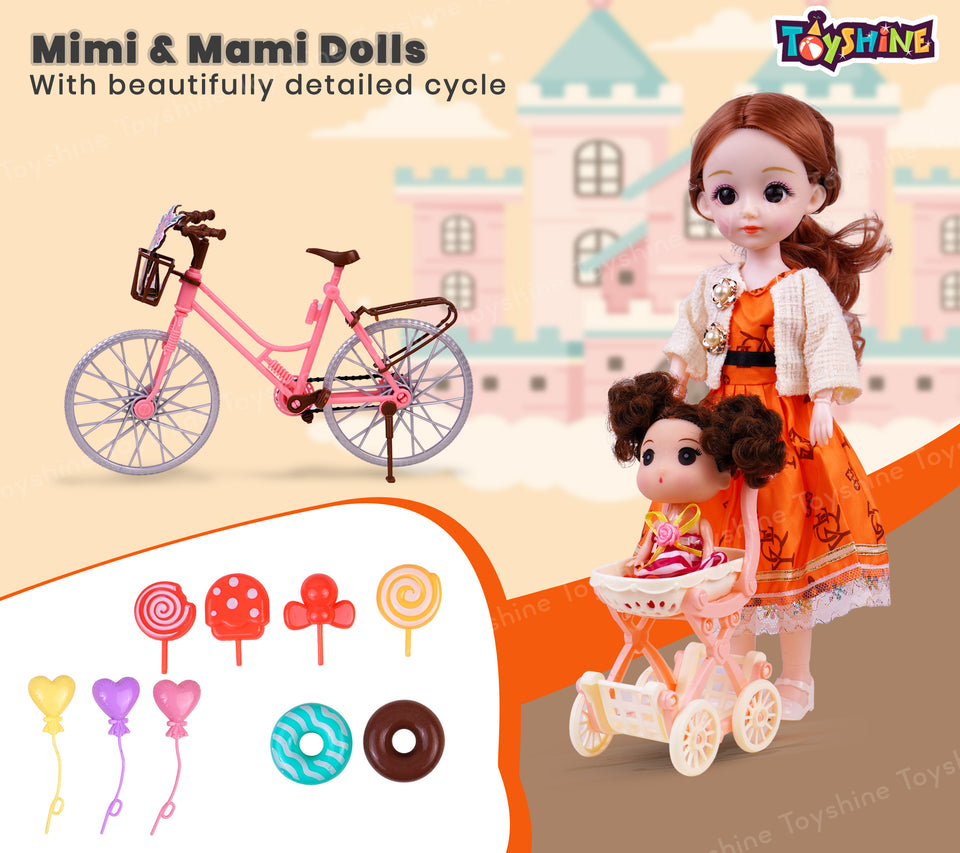 Toyshine Mimi & Mami Fun and Adventurous Doll Play Set with 2 Dolls , Cycle , Stroller and Dessert Toys Imaginative Role Playing for Kids Age 3+