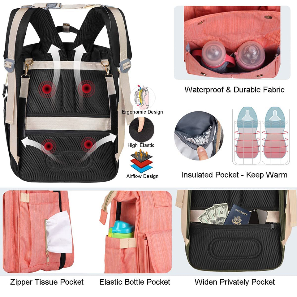 Toyshine Diaper Bag with Changing Station, Large Travel Diaper Bag Backpack with Sunshade Bassinet and USB Charging Port for Moms Dads, Waterproof Unisex Baby Diaper Bags for Boys Girls- Pink