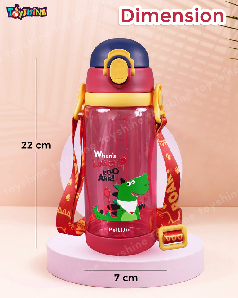 Toyshine 600ML DinoTheme Anti-Leak BPA-Free Spill Proof Cap Closure Kids Water Bottle with Lanyard for School Home and outdoor use - Pink