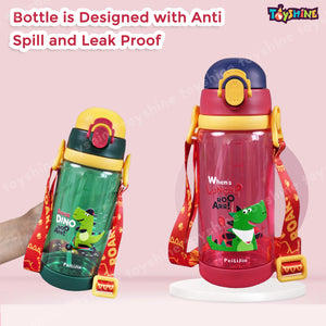 Toyshine 600ML DinoTheme Anti-Leak BPA-Free Spill Proof Cap Closure Kids Water Bottle with Lanyard for School Home and outdoor use - Pink