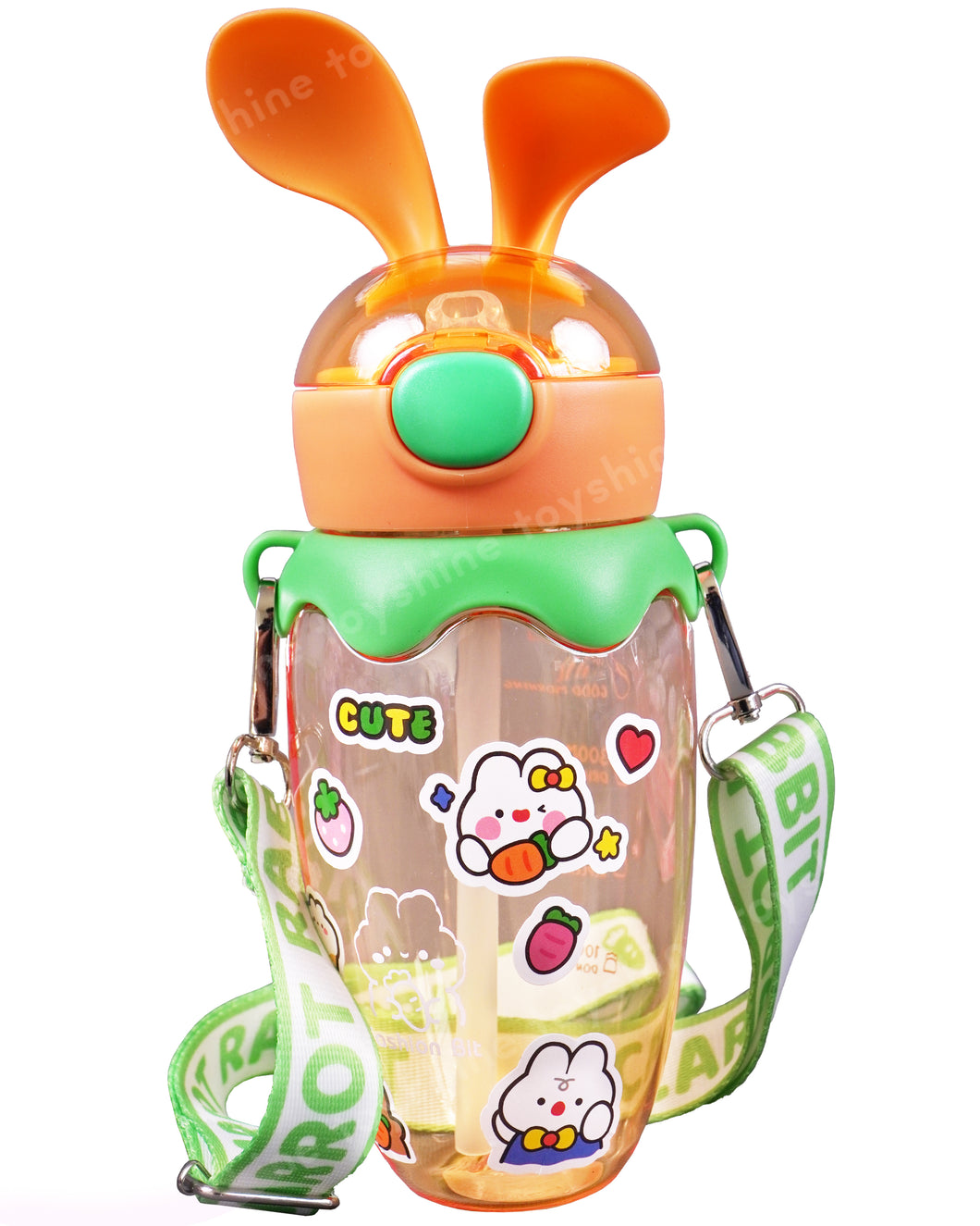 Toyshine 580ml Bunny Design Anti-Leak BPA-Free Spill Proof Cap Closure Kids Water Bottle with Straw And Strap for School Home and outdoor use - Orange