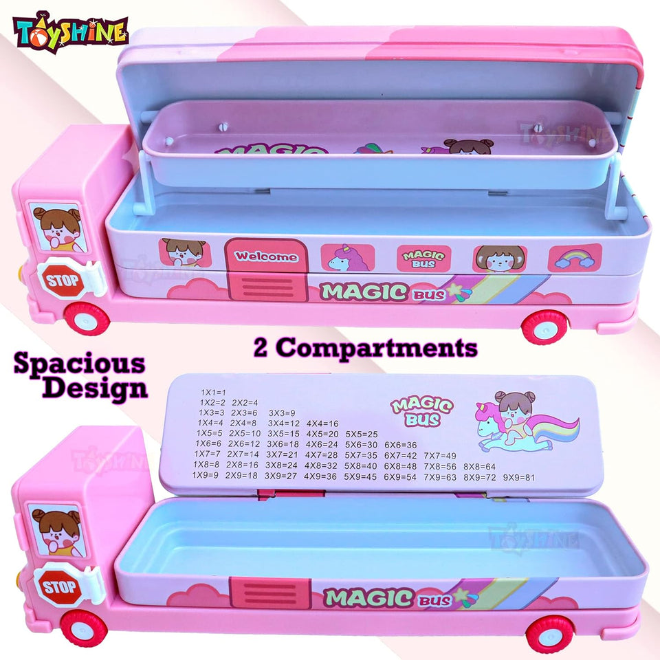 Toyshine Unicorn Magic Bus Printed School Bus Matal Pencil Box with Moving Tyres and Sharpner for Kids - Pink