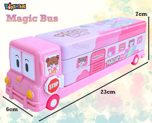 Toyshine Unicorn Magic Bus Printed School Bus Matal Pencil Box with Moving Tyres and Sharpner for Kids - Pink