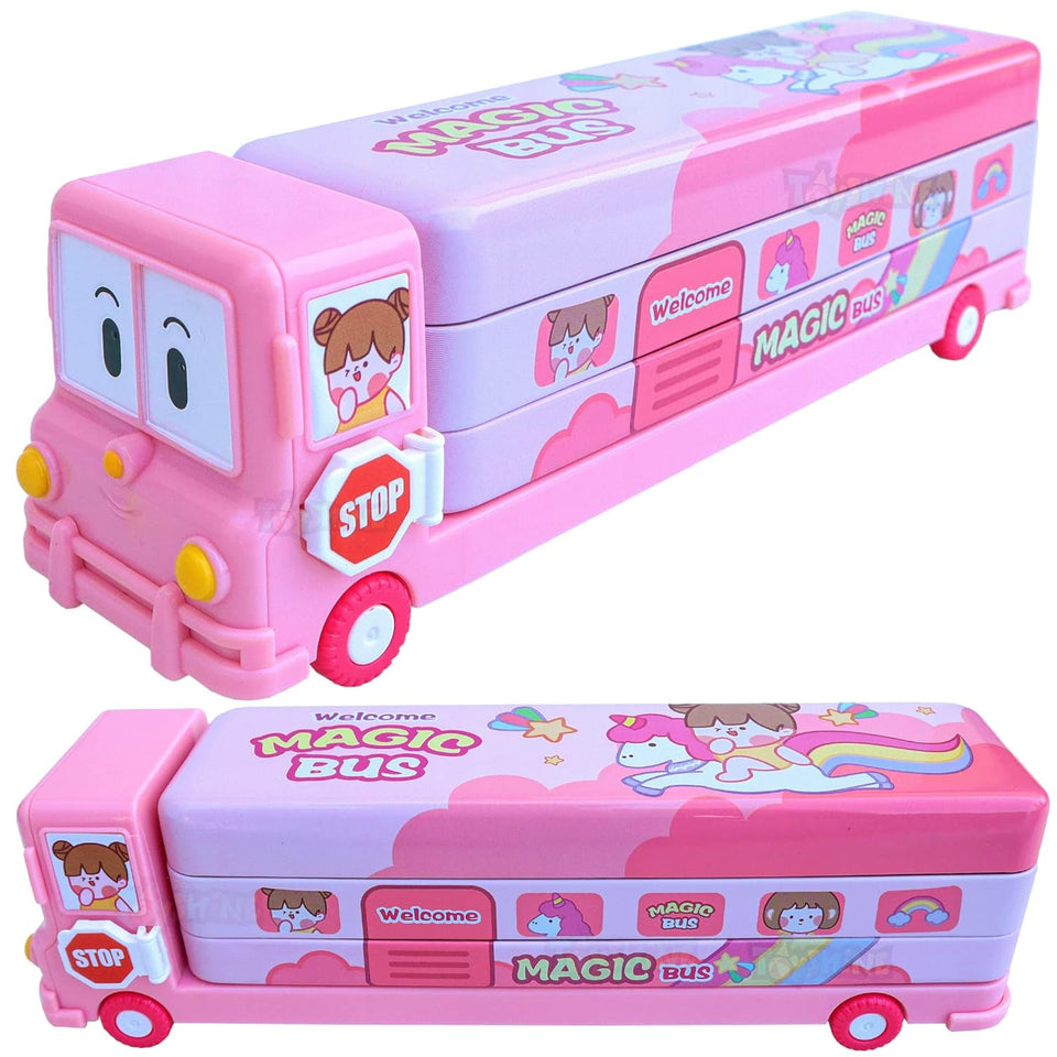 Toyshine Unicorn Magic Bus Printed School Bus Matal Pencil Box with Moving Tyres and Sharpner for Kids - Pink