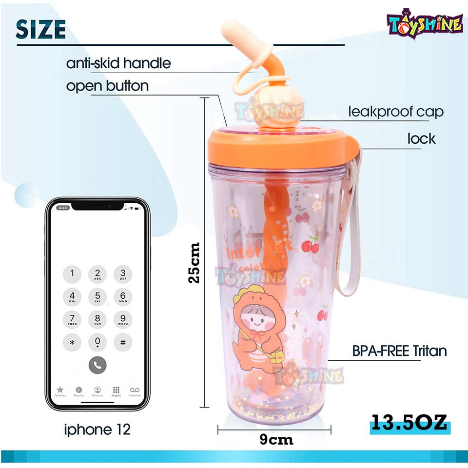 Toyshine Glitter Water Bottle Tumbler Sipper Cup, Freefalling Design, Reuseable Plastic Cup with Lid and Straw - 400 ML - Yellow (TS-2022)