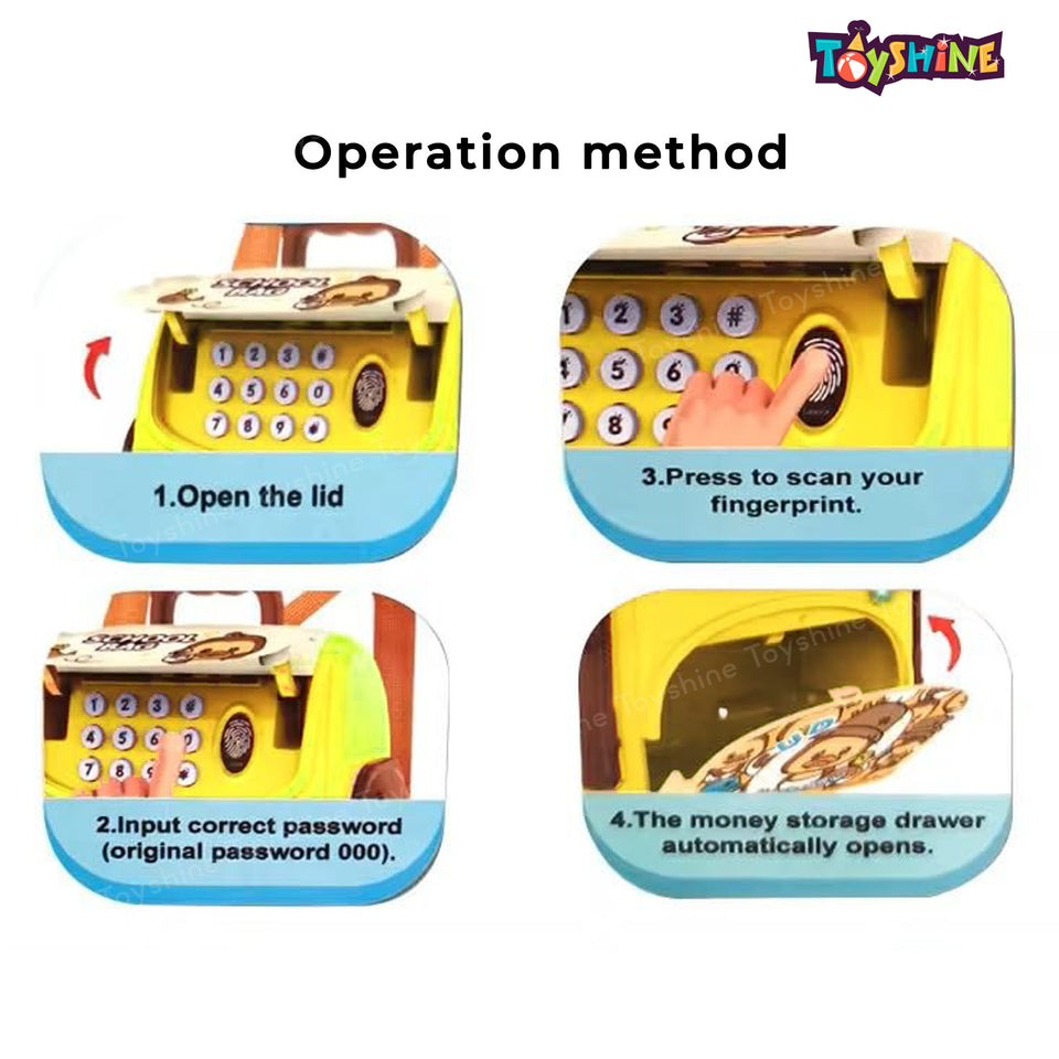 Toyshine School Bag Design Musical Finger Print Sensor Money Safe Piggy Bank ATM for Kids with Password Operation | Money Saving Box Birthday Gift for Boys Girls 3+, Yellow