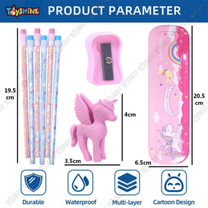 Toyshine Pack of 9 Unicorn Stationary Set 1 Pencil Boxes, 1 Erasers, 6 Pencils, 1 Sharpner, Birthday Party Return Gift Party Favor for Kids