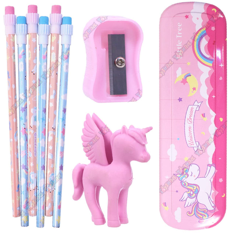 Toyshine Pack of 9 Unicorn Stationary Set 1 Pencil Boxes, 1 Erasers, 6 Pencils, 1 Sharpner, Birthday Party Return Gift Party Favor for Kids