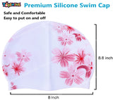 Toyshine Waterproof Comfy Bathing Caps Non-Slip for Long Hair Durable Silicone Swimming Caps for Women, Floral White ( Pack of 2) SSTP