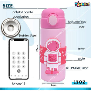 Toyshine Astronaut Edition Insulated SUS 304 Kids Water Bottle Spill Proof Straw Valve, Pop Button, BPA Free Water Bottle for Kids School, Soft Grip Children's Drinkware - 500 ML - Pink