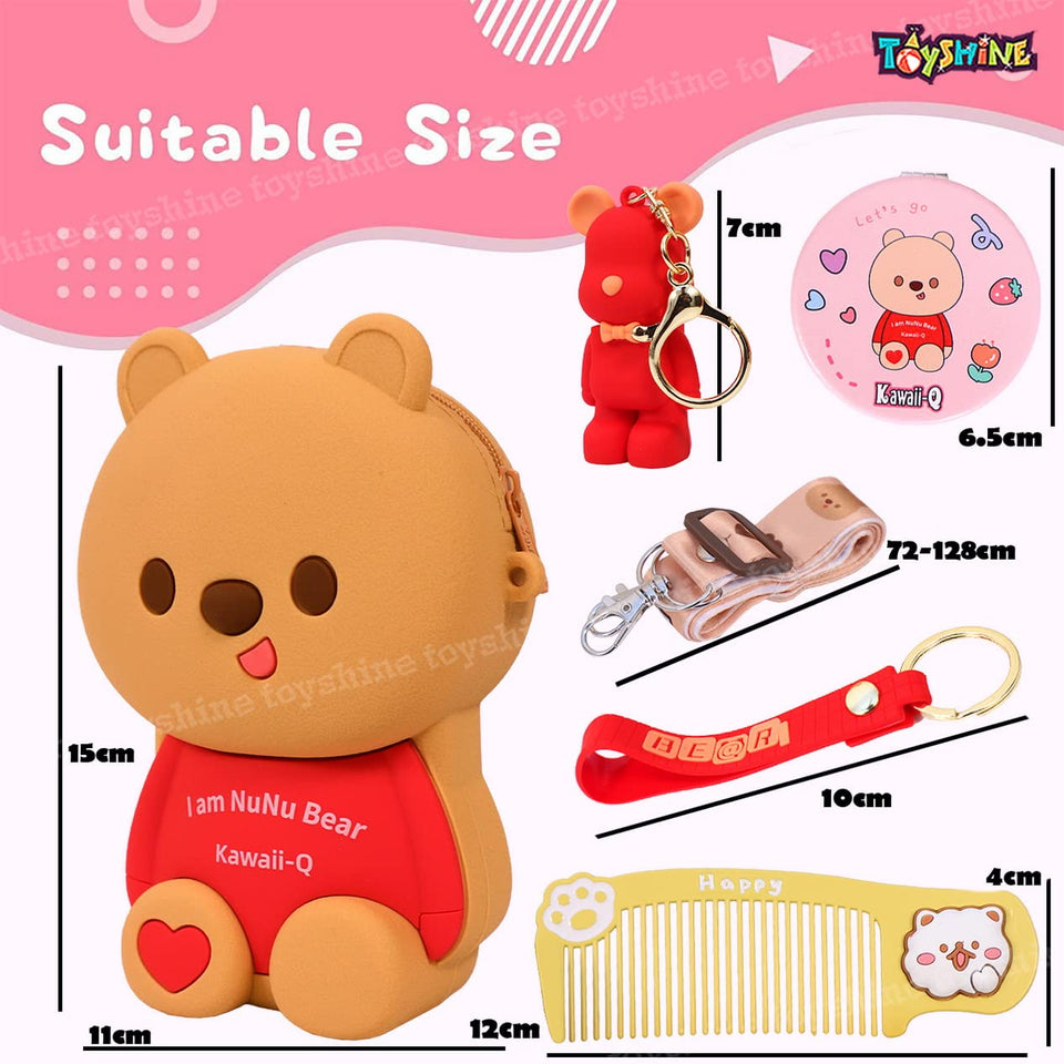 Toyshine Soft Touch Girls Mini Hanging Cute Children Side Bags with Strap, Keyring, Comb, Hair Accessories and Compact Mirror for 4~8 Years Baby Girl Boy Birthday Gift Present - Bear Red