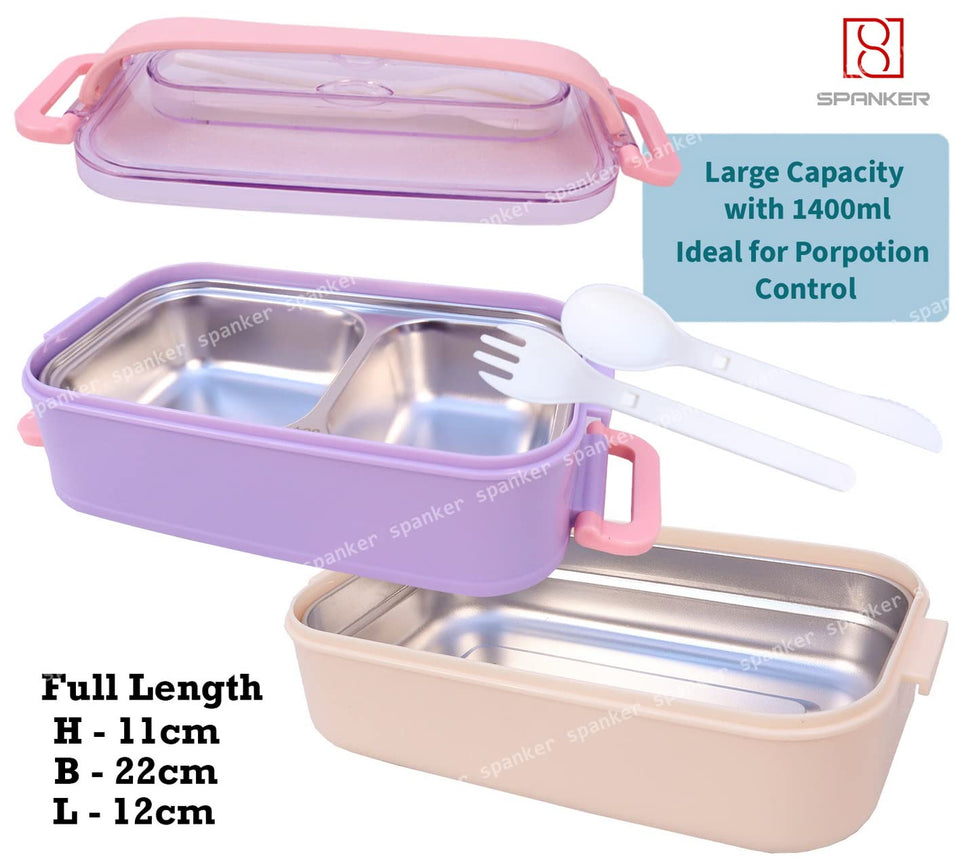 Spanker Classy Case Double Decker Lunch Box Thermal Stainless Steel Insulation Box Tableware Set Portable Tiffin Box for Kid Adult Student Children Keep Food - 1400 ML - Purple