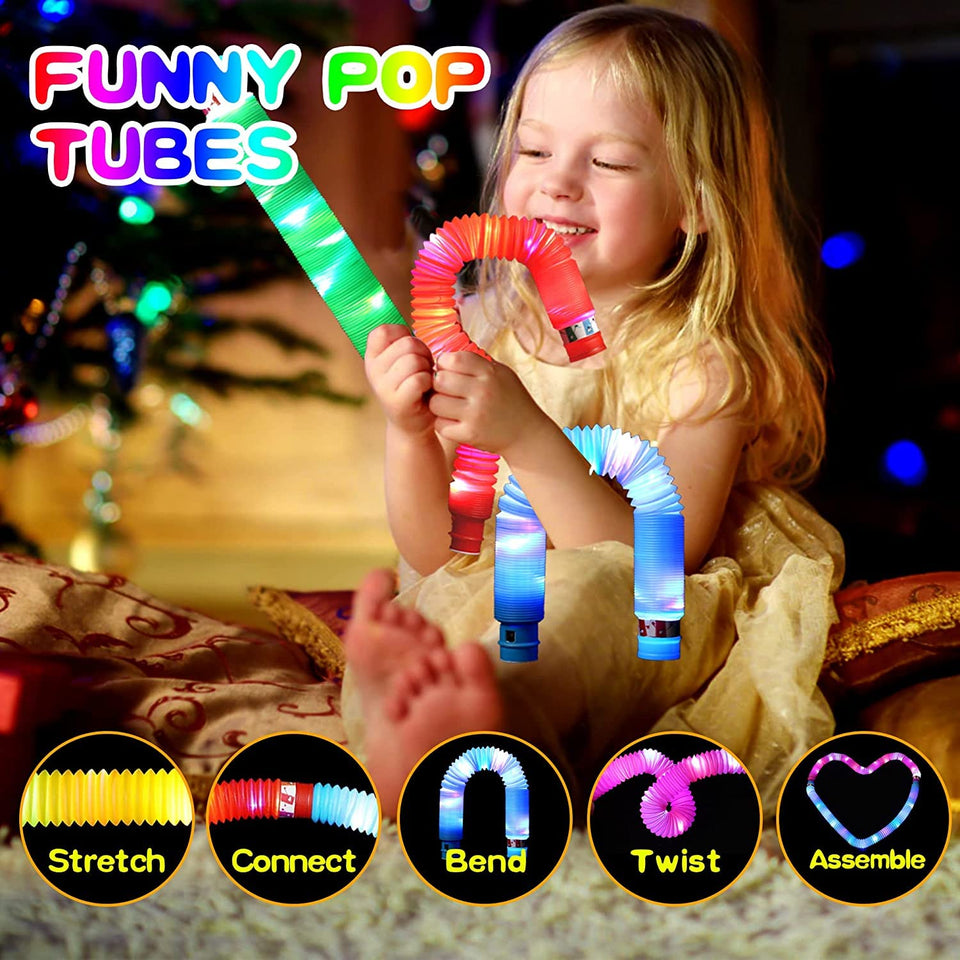 Toyshine LED Flashing Pop Tube Fidget 6 Pcs Toy Fun Pull and Pop Tubes Sensory Tubes for Kids Adults Stretch and Bend ADHD Autism Anxiety Stress Relief Toys Great Gift Party Prizes