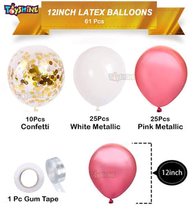 Toyshine 61 Pcs Balloon Party Decoration Combo | 25 White Metallic, 25 Pink Metallic, 10 Confetti Balloons, 1 Tape for Birthday Anniversary Theme Party