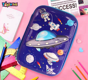Toyshine Space Theme Hardtop Pencil Case with Compartments - Kids Large Capacity School Supply Organizer Students Stationery Box - Girls Boys Pen Pouch, Dark Blue