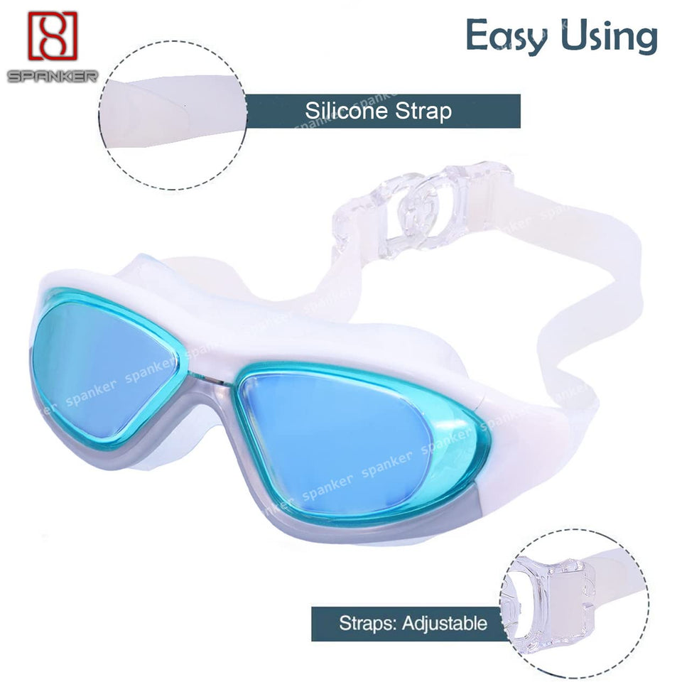 Spanker Wide View Swim Goggles with Ear Plugs,(Mercury Finish) UV Protection No Leaking Anti Fog Lens Swimming Glasses for Adult Women Men and Youth, White SSTP