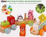 Toyshine Wooden Geometric Animal Block Train, Shape and Color Recognition Stacking Set Toys, Multi Color