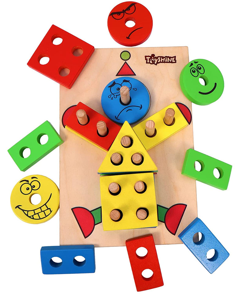 Toyshine Wooden 5 Angle Clown Shape Building Blocks Stacker Shape Sorter Column Puzzle Stacking Toy Set for Kids