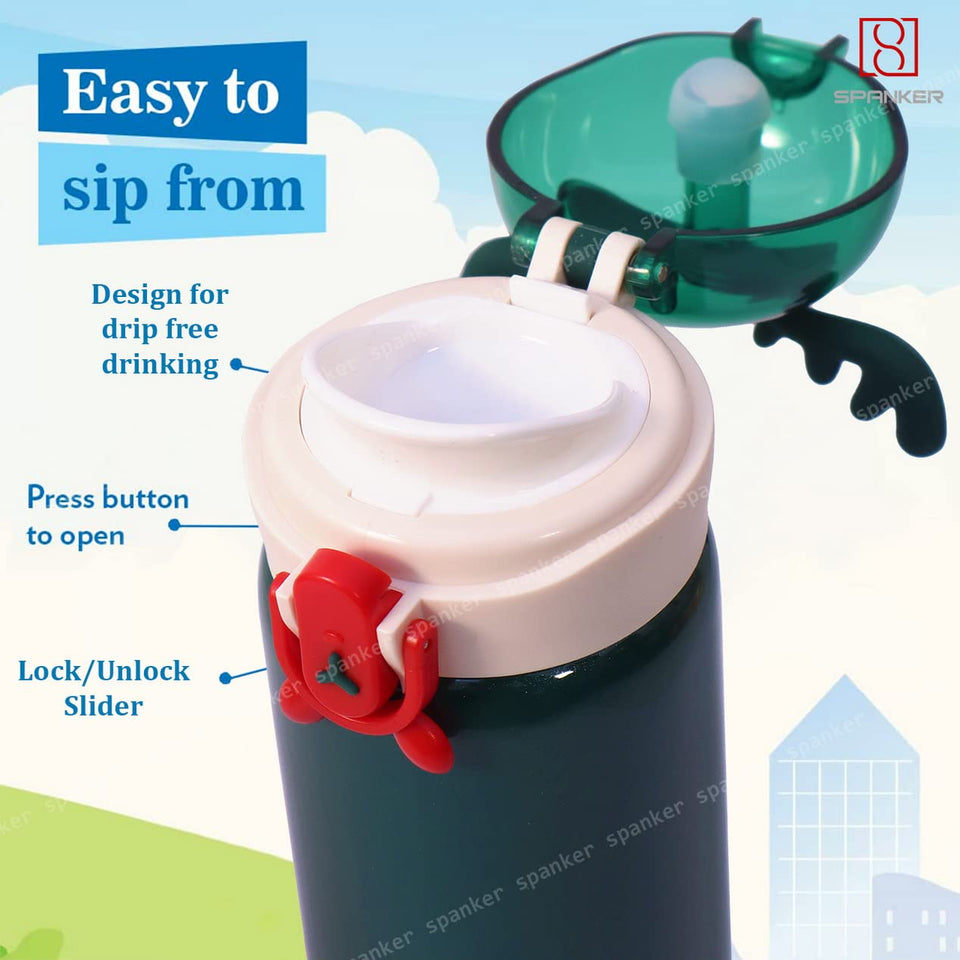 Spanker ReinDeer Shape Edition Insulated SUS 304 Kids Water Bottle Spill Valve Silicone Handle, Pop Button, BPA Free for Kids School, Children's Drinkware - 440 ML - Green