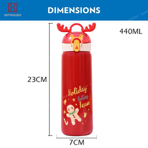 Spanker ReinDeer Shape Edition Insulated SUS 304 Kids Water Bottle Spill Valve Silicone Handle, Pop Button, BPA Free for Kids School, Children's Drinkware - 440 ML - Red