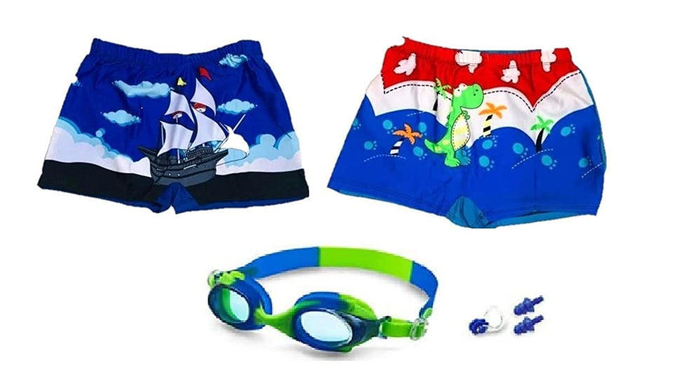 Toyshine Swimming Combo with 2 trunks, Goggles, Swimming Cap, Nose Clip, 2 Ear Plugs Design