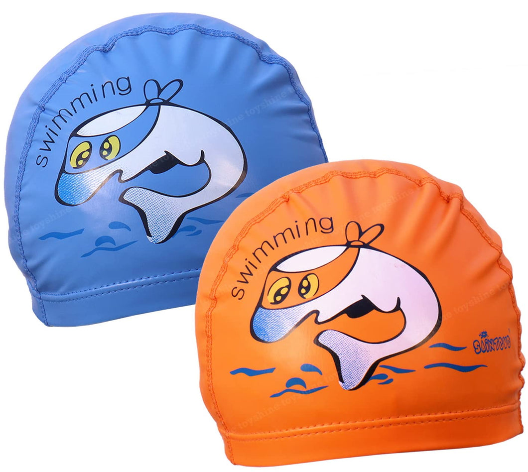 Toyshine Pack of 2 Kids Silicone PU Swim Caps for Girls and Boys, with Fun Dino and Shark Print, Water Fun, Pool Party Swimming Headgear Hats - Blue, Orange