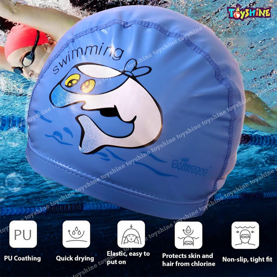 Toyshine Pack of 2 Kids Silicone PU Swim Caps for Girls and Boys, with Fun Dino and Shark Print, Water Fun, Pool Party Swimming Headgear Hats - Blue, Orange