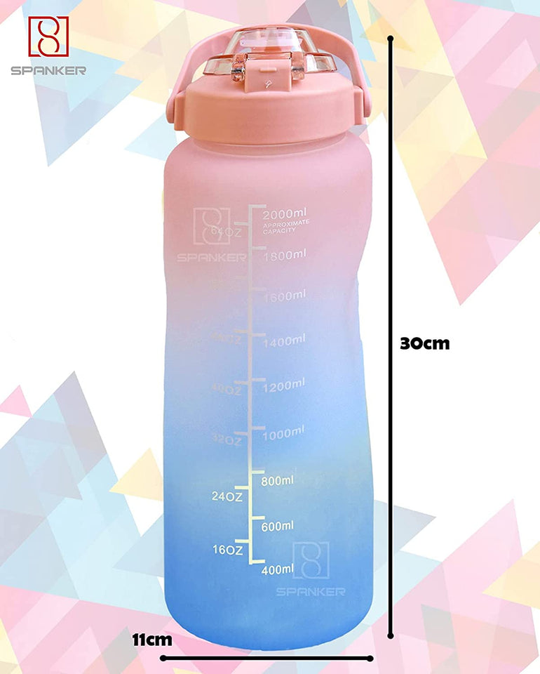 Spanker Spirit Motivational Water Bottle Gallon (For Girls) with Time Marker Large Capacity 2000ML, Leakproof BPA Free Fitness Sports Water Bottle ,(Peach-Blue) SSTP