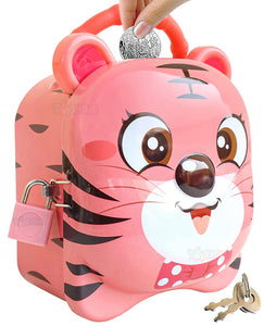 Toyshine Cute Tiger Money Safe Piggy Bank with Lock, Savings Bank for Kids, Made of Tin Metal - Red