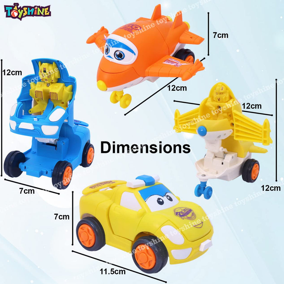 Toyshine Pack of 4 Toy Transforming Robot Cars and Plane (2 Cars, 2 Planes) Push and Go Play Set Friction Powered Vehicles for Babies Toddlers Kids Boys Girls Age 3+ Years Old Multi-Color