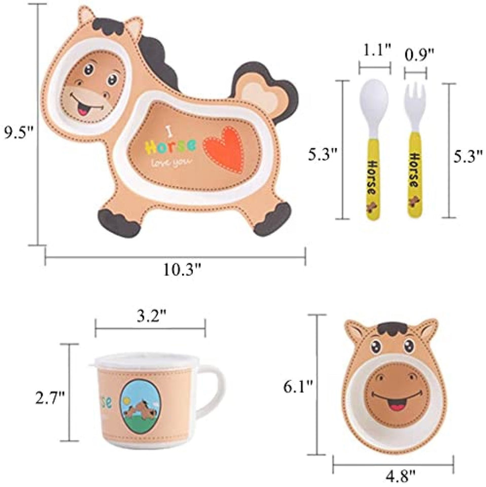 Toyshine 5 Piece Bamboo Dinnerware for Kids, Toddler, Plate and Bowl Set, Eco Friendly and Dishwasher Safe, Great Gift for Birthday, Baby Shower- Horse Design