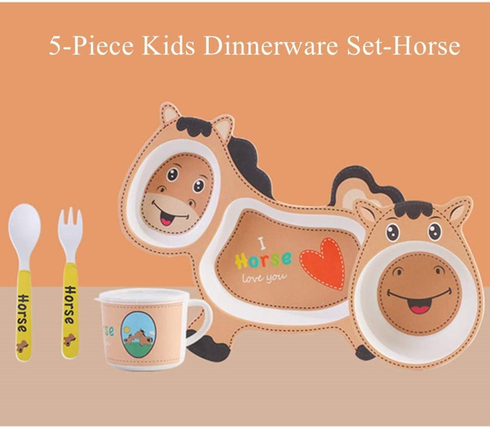 Toyshine 5 Piece Bamboo Dinnerware for Kids, Toddler, Plate and Bowl Set, Eco Friendly and Dishwasher Safe, Great Gift for Birthday, Baby Shower- Horse Design