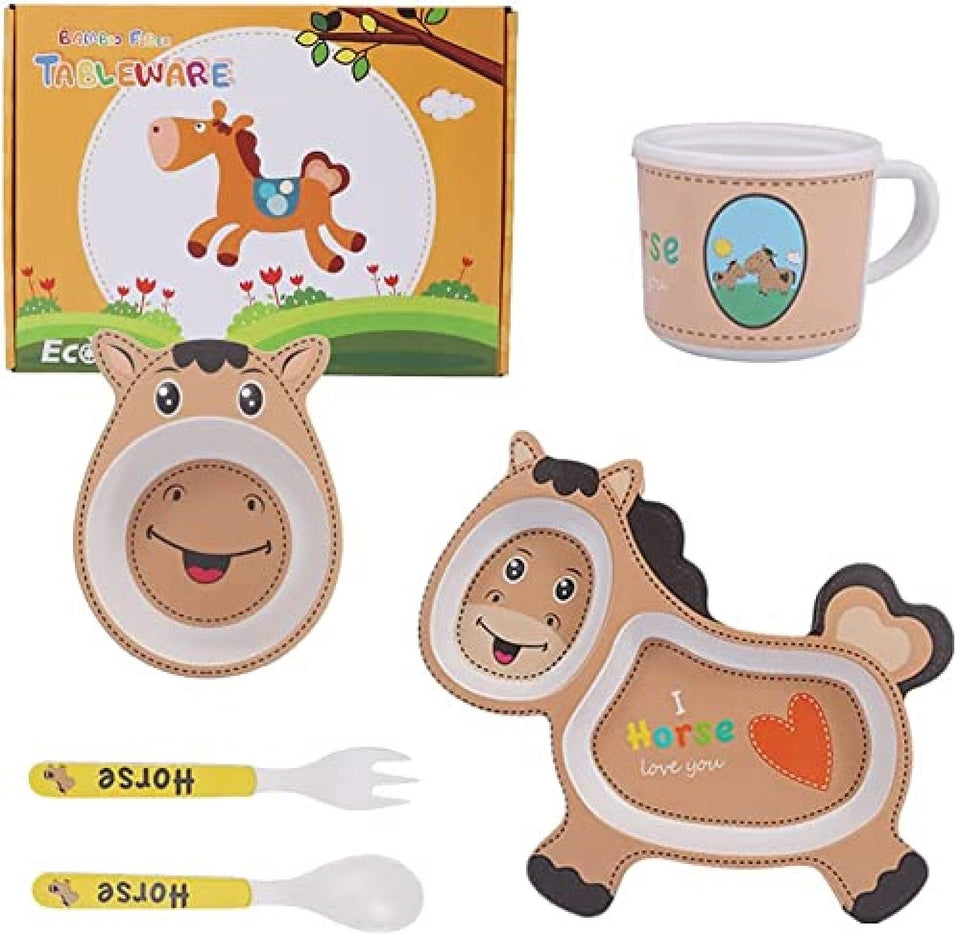 Toyshine 5 Piece Bamboo Dinnerware for Kids, Toddler, Plate and Bowl Set, Eco Friendly and Dishwasher Safe, Great Gift for Birthday, Baby Shower- Horse Design