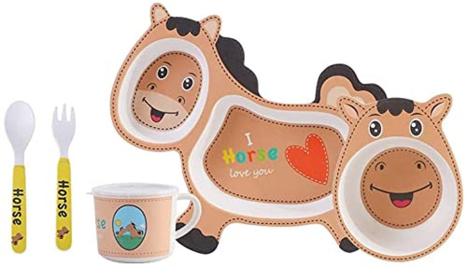 Toyshine 5 Piece Bamboo Dinnerware for Kids, Toddler, Plate and Bowl Set, Eco Friendly and Dishwasher Safe, Great Gift for Birthday, Baby Shower- Horse Design