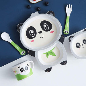 Toyshine 5 Piece Mealtime Bamboo Dinnerware for Kids, Toddler, Plate and Bowl Set, Eco Friendly and Dishwasher Safe, Great Gift for Birthday - Panda Model