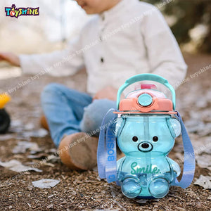 Toyshine Smile Bear 1000 ML Kids Water Bottle With Spill Proof Straw, Pop Button, BPA Free - Featuring Soft Handle Grip and Strap Children's Drinkware, Blue B