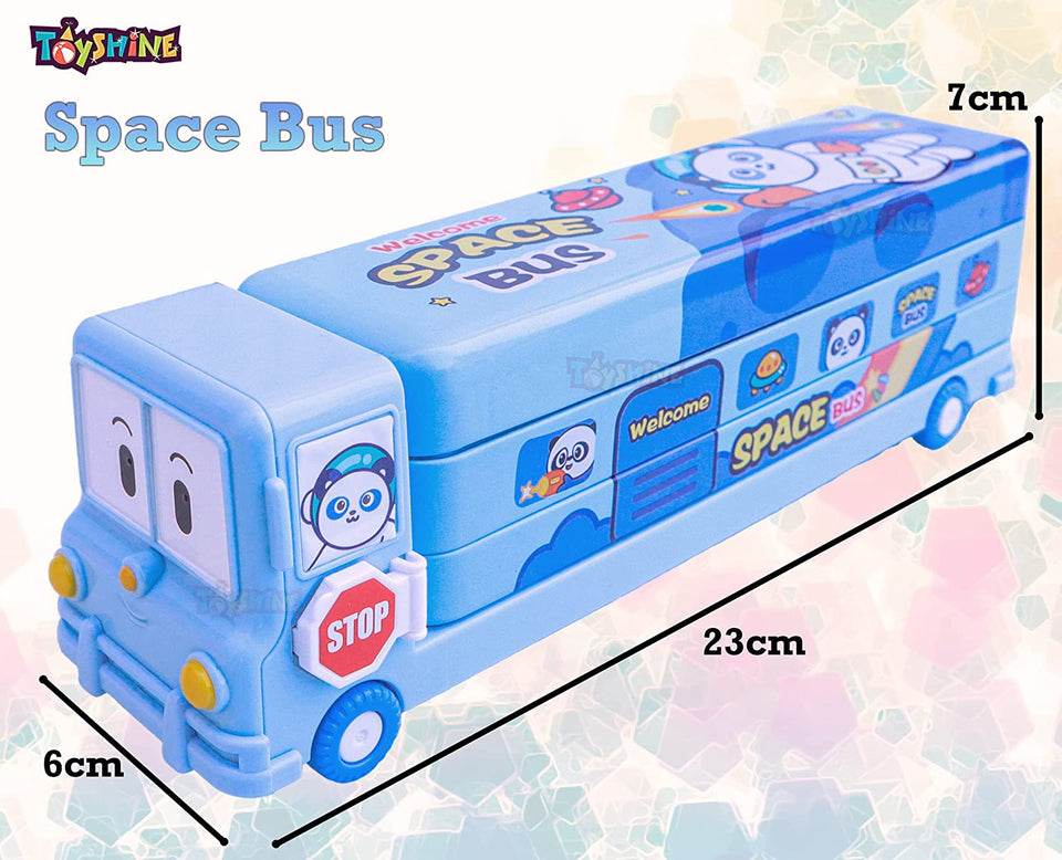 Toyshine Cartoon Printed School Bus Metal Pencil Box with Moving Tyres and Sharpner for Kids - Blue