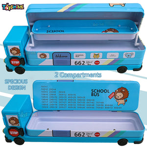 Toyshine Cartoon Printed School Bus Metal Pencil Box with Moving Tyres and Sharpner for Kids - Blue