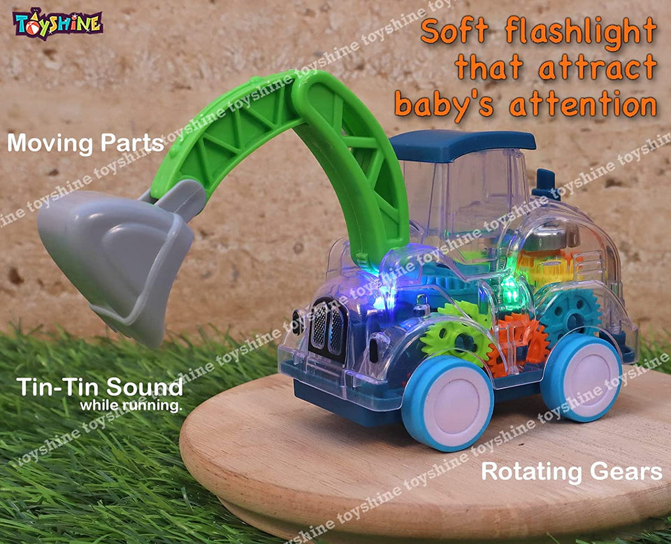 Toyshine Transparent Gear Moving Truck Construction Miniature Toy Road with Moving Parts Actions, Friction Powered - Light and Ding Sound