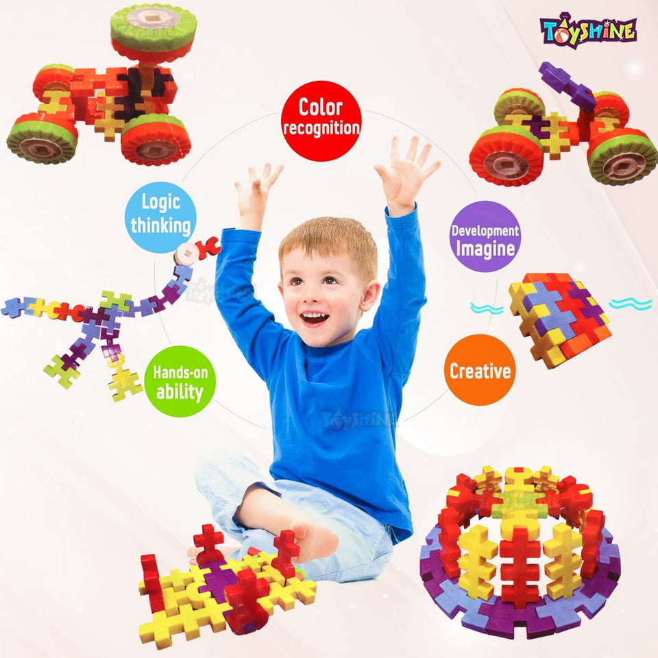 Toyshine Tetris 80+ Smart Intelligent Blocks Construction Blocks with Tyres for Car Making, Learning Toy, Plastic, Age 3-7 Years- Multi-Color