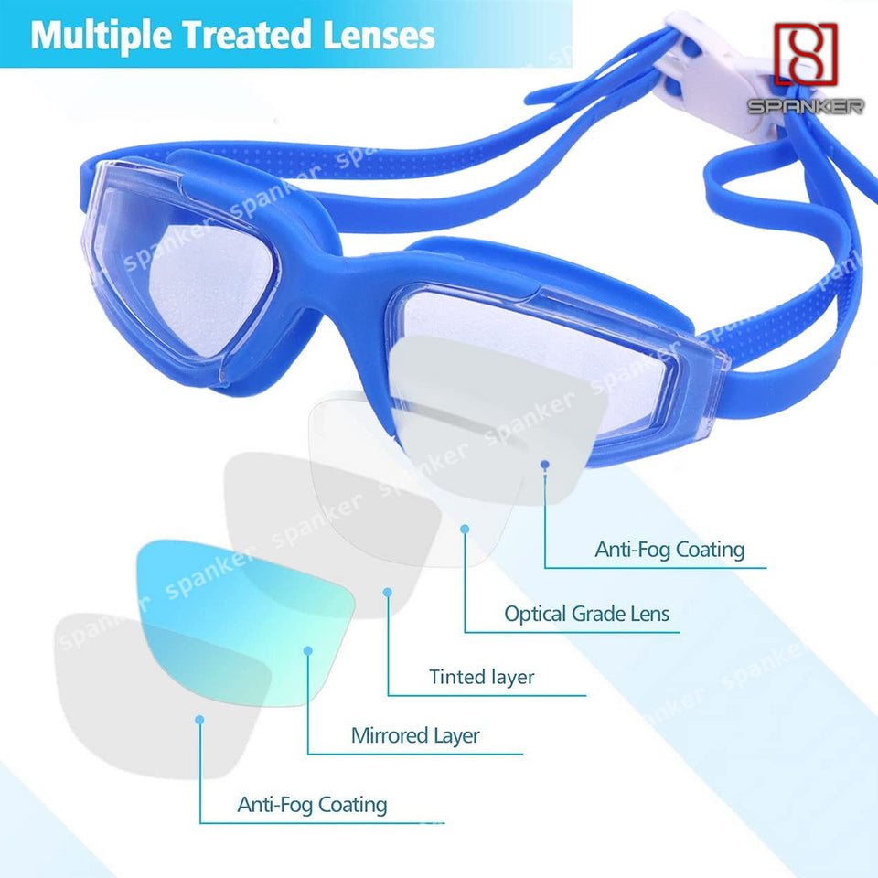 Spanker Zone Design Swim Goggles with Ear Plugs, UV Protection No Leaking Anti Fog Lens Swimming Glasses for Adult Women Men and Youth , Blue SSTP