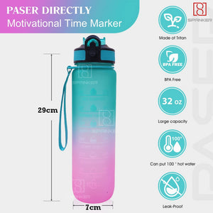 Spanker You Did It Motivational Leakproof Water Bottle with Strap 30Oz (900 ML), Time Marker, BPA Free Fitness Sports Water Bottle, Green Pink SSTP