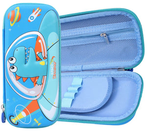 Toyshine EVA Space Dino Hardtop Pencil Case with Multiple Compartments - Kids School Supply Organizer Students Stationery Box - Girls Pen Pouch- Light Blue