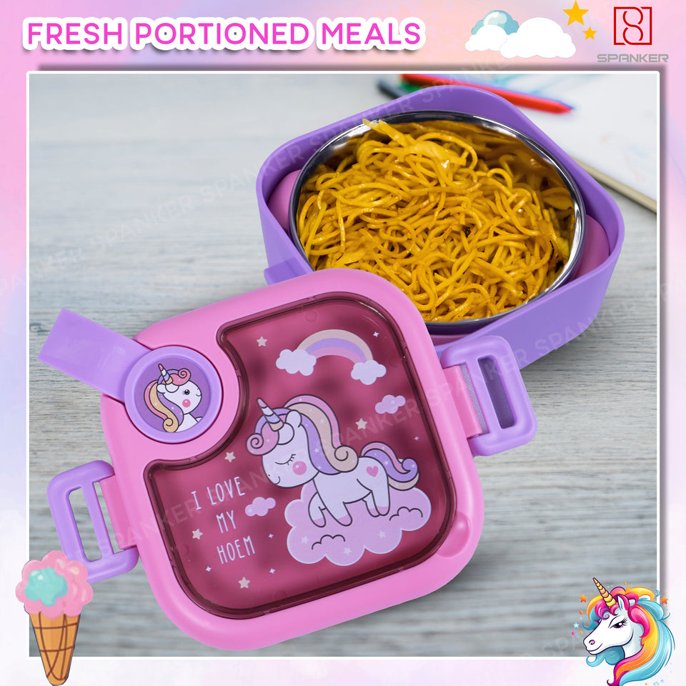 Spanker ‎750 ML Unicorn Theme Portable Leak-Proof BPA-Free Dishwasher Safe Stainless Steel Air-Tight Bento Box with Spoon for Toddlers Preschoolers - Pink