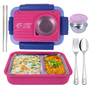 Spanker 1050ML Stainless Steel Insulation BPA Free Leak-Proof 5 Compartment Lunch Box with 3 pc Cutlery Bento Box for Kid Adult Student Children - Pink