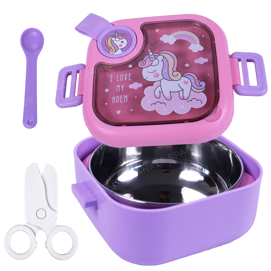 Spanker ‎750 ML Unicorn Theme Portable Leak-Proof BPA-Free Dishwasher Safe Stainless Steel Air-Tight Bento Box with Spoon for Toddlers Preschoolers - Pink