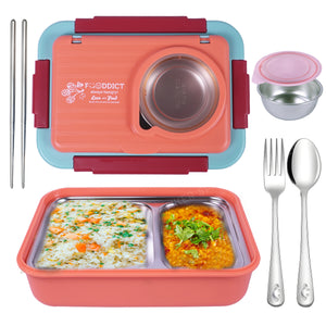 Spanker 1050ML Stainless Steel Insulation BPA Free Leak-Proof 5 Compartment Lunch Box with 3 pc Cutlery Bento Box for Kid Adult Student Children - Orange