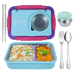 Spanker 1050ML Stainless Steel Insulation BPA Free Leak-Proof 5 Compartment Lunch Box with 3 pc Cutlery Bento Box for Kid Adult Student Children - Blue