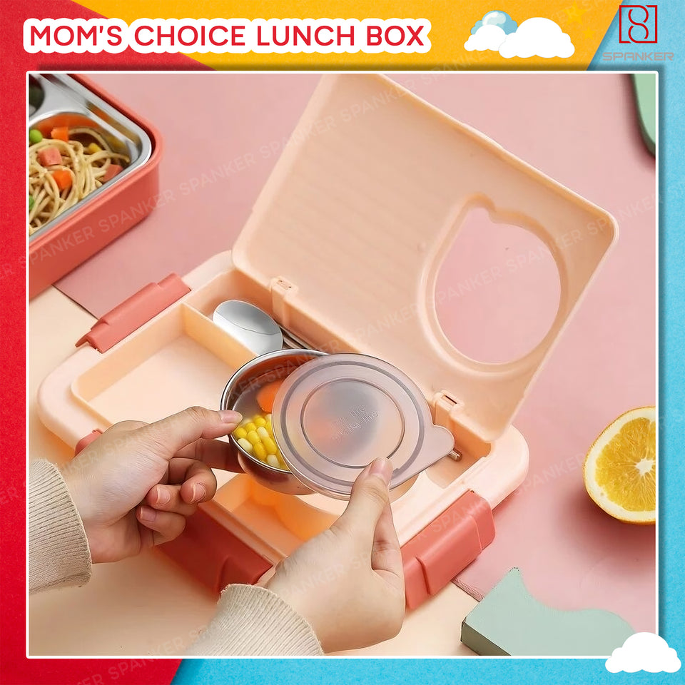 Spanker 1050ML Stainless Steel Insulation BPA Free Leak-Proof 5 Compartment Lunch Box with 3 pc Cutlery Bento Box for Kid Adult Student Children - Orange